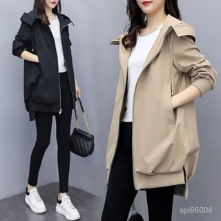 春秋新款韓版休閒氣質卡其顯瘦連帽風衣女外套中長款寬鬆黑色