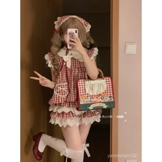 點心喵 日系服飾 日系女裝 春天女裝 日系森林系 新款日系甜美小飛袖格子上衣女夏季可愛減齡顯瘦半身裙小個子套裝 EJ