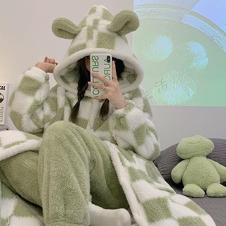 冬季睡衣女珊瑚絨法蘭絨睡袍連帽可外穿加絨加厚兩件套大碼居家服大尺碼睡衣 情侶套裝 女睡衣 男睡衣