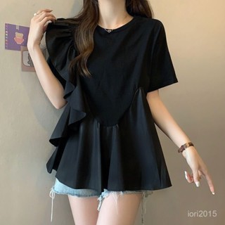 VOVA本鋪 大碼女裝 夏季 新款 女士圓領t恤 短袖 荷葉邊拚接寬鬆顯瘦遮肉上衣