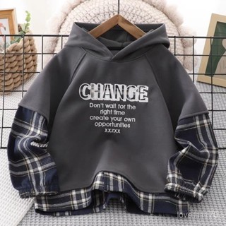 【優質棉麵料】男童連帽春秋假兩件衛衣 2025新款兒童格子衛衣男孩中大童刺繡上衣