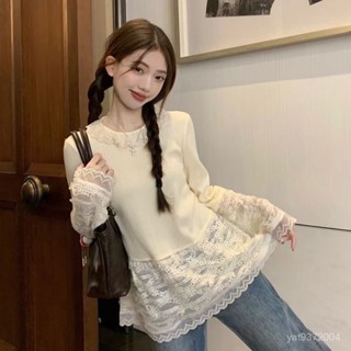 金選💖韓版甜美少女蕾絲打底衫女秋季內搭外穿長袖小眾設計感拚接下擺上衣 C0QO