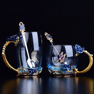 🔥臺灣出貨🔥 歐式琺瑯彩水杯 耐熱玻璃杯 咖啡泡茶杯子女 花茶杯 家用杯子 玫瑰水杯 創意情侶禮物 水杯 水壺 酒杯