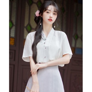 夏季新款國風新中式日常可穿刺繡短袖襯衫女搭配馬面裙的上衣 中國風上衣 改良旗袍上衣 新中式襯衣 復古 短袖t恤女 襯衫女