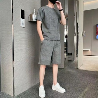 男士短袖短褲套裝 高檔冰絲印花短褲男夏季休閒套裝男短袖T恤五分褲新款潮流兩件套 POLN