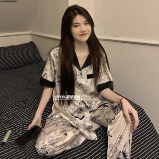 女士睡衣夏季 冰絲💛💛 【4117人收藏】新款ins高階感水墨畫冰絲睡衣女春夏秋季薄款短袖長褲套裝家居服
