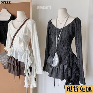 🌸臺灣限時低價🌸 ✨少女感穿搭✨辣妹 薄款 長袖 不規則 魚尾上衣 女2024秋季 V領 辣妹 性感 上衣 廢土風春