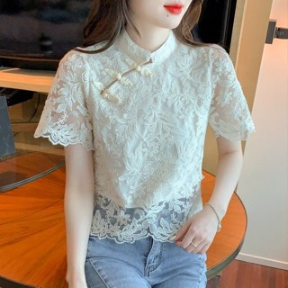 蕾絲旂袍上衣女夏季設計感小眾複古盤扣短袖襯衫時髦高階氣質小衫