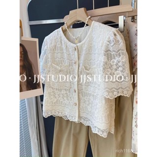 【免運💯】蕾絲雪紡衫歐貨小香風刺繡蕾絲襯衫女 短袖2025年夏季新款高階感氣質小衫上衣 氣質溫柔夏季襯衫 時尚百搭外衣