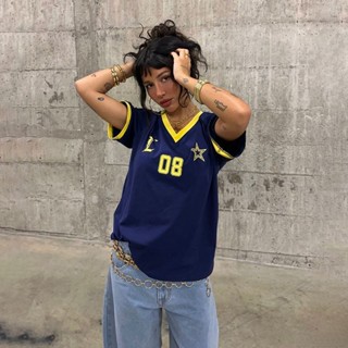 短袖上衣 寬鬆t恤 寬鬆短袖 短袖衣服 女生t恤 韓版t恤 純棉短袖美式休閒運動風撞色V領短袖上衣數字印花寬鬆百搭T恤女