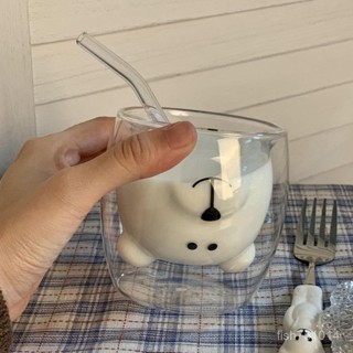 【臺灣48H】雙層耐熱可愛小熊玻璃杯ins風拿鐵咖啡杯果汁牛奶杯家用喝水杯子