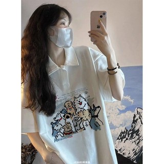 大版翻領短袖衣服 大碼短袖女裝 正肩polo衫上衣 短袖t恤女 春季衣服 設計感港味chic半袖上衣 寬鬆夏天女裝