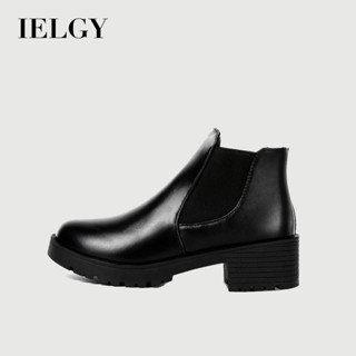 IELGY 短靴女真皮拼接彈力布套腳休閒防滑粗跟