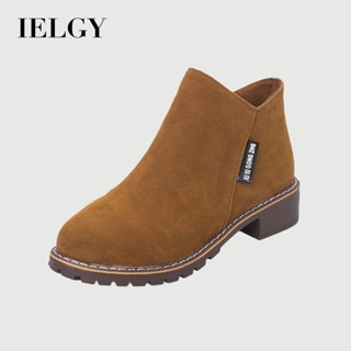 IELGY 馬丁短靴女時尚啞光真皮平底百搭粗跟短靴