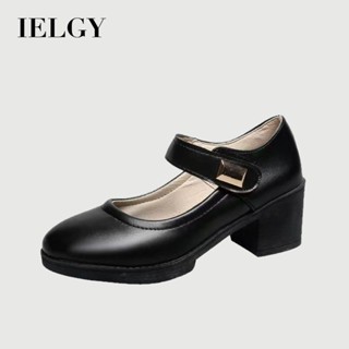 IELGY 簡約耐磨粗跟高跟鞋女鞋黑色皮鞋女工作