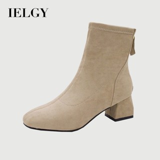 IELGY 粗跟短款馬丁靴女新款時尚百搭高跟鞋磨砂
