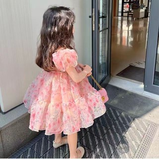 XL 女童公主裙 甜美可愛 洋氣 女童禮服女童碎花連衣裙2022新款夏裝洋氣女寶寶泡泡袖小仙女蓬鬆公主裙潮