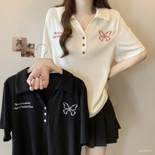 女裝 大尺碼女裝 短袖女 國風女裝 胖mm大碼蝴蝶刺繡polo衫短袖T恤女夏新款寬鬆顯瘦遮肚子收腰上衣