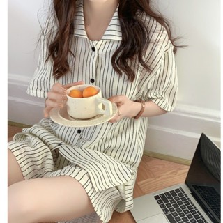 【臺灣發貨】甜美條紋睡衣女夏季新款ins風短袖短褲學生可外穿休閒家居服套裝睡衣套裝