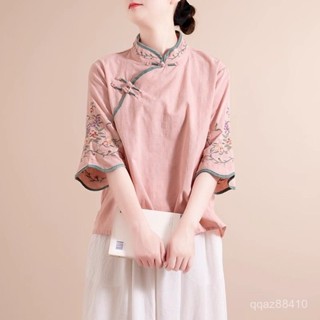 【中國風】2023新款風複古棉麻襯衫女春夏中式立領盤扣上衣斜襟繡花 TJLA