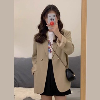 【sy】網紅卡其色小西裝外套女春秋韓版寬鬆黑色西裝雙排扣休閒BF風ins