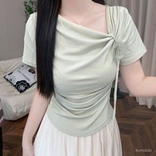 【時尚套裝】不規則設計短袖T恤2025夏季新款遮肉純慾辣妹修身收腰顯瘦上衣女