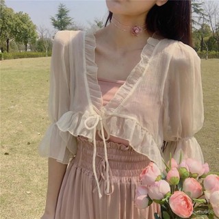 🌸配吊帶裙子的小披肩短款 超僊雪紡防曬開衫上衣女夏季外搭薄款外套 百搭點綴針織條紋披肩 高階毛線圍巾 毛線 披肩 穿