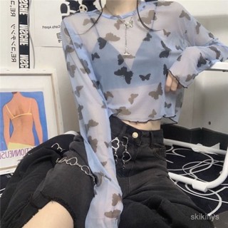 【春夏熱銷】韓版蝴蝶網紗防曬罩衫T恤女夏季辣妹短款透視長袖上衣 女裝春夏裝 正韓係春裝 涼感防曬衫 遮陽防蚊服 透氣長袖