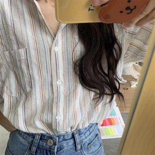 【甜栗子 衣櫥】韓版復古細條紋襯衫上衣女設計感小眾長袖上衣寬鬆顯瘦長袖襯衫 復古襯衫 防曬襯衫