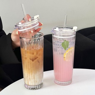 免運🔥帶蓋加厚奶茶杯玻璃杯ins高顔值果汁水杯大容量辦公室吸管咖啡杯 吸管杯 飲料杯 隨行杯 高顏值水杯 可愛水杯 辦公