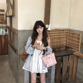 韓係套裝白色吊帶連衣裙女夏季長袖寬鬆條紋襯衫外套慵懶風兩件套 夏季女裝