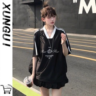 美式球衣 美式女裝 美式足球服 美式復古 亮麵緞麵運動風寬鬆T恤短袖女夏季v領球衣blokette風男女上衣