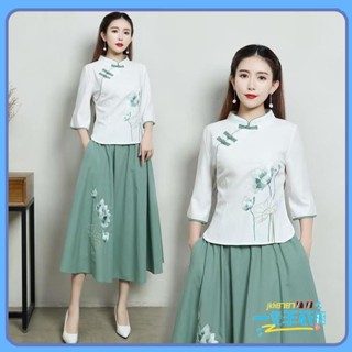 一隻羊 改良旗袍上衣女 漢服女 旗袍連衣女 裙民族風藝文復古茶服女 緊身顯瘦兩件套 唐裝上衣女