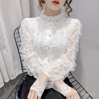 ✨Ting Fou 蕾絲打底衫外穿女2025春秋新款加絨洋氣蕾絲開衫法式立領長袖上衣