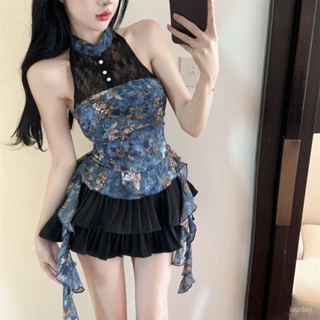 【春夏女裝】4-1掛脖背心 無袖上衣 削肩背心 短闆上衣 新中式荷葉邊碎花吊帶背心夏辣妹性感蕾絲掛脖抹胸上衣 早春女裝