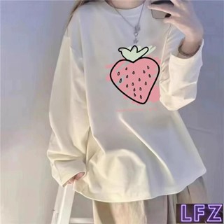 【優物】桃園出貨 塗鴉草莓 純棉 長袖T恤女 秋季 大碼 寬鬆 設計感 小眾 內搭上衣 打底衫