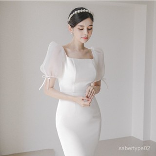❤️爆款❤️2025年新款法式緞麵簡約輕婚紗方領泡泡袖氣質修身年會晚禮服