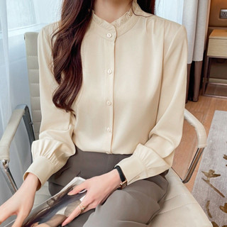 法式立領襯衫 上衣 襯衣 襯衫 緞麵襯衫女長袖春秋木耳邊立領燈籠袖法式小眾職業通懃襯衣女 韓版女裝 春夏秋女裝 夏天女裝