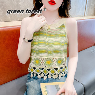 [Green Forest]2025年鏤空鉤花流蘇針織吊帶背心女夏季外穿短款民族風圓領上衣度假風
