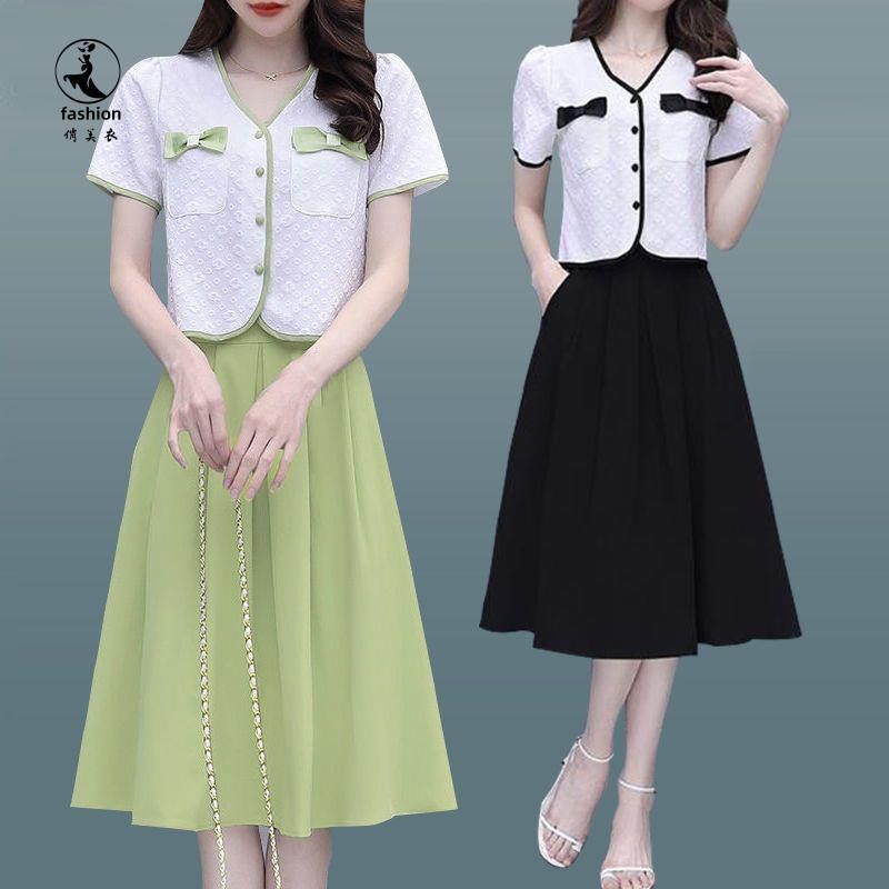 夏款女裝時尚遮肉顯瘦兩件式套裝｜高級感短袖上衣＋高腰A字半身裙｜韓系氣質穿搭｜小資OL夏日出遊穿搭