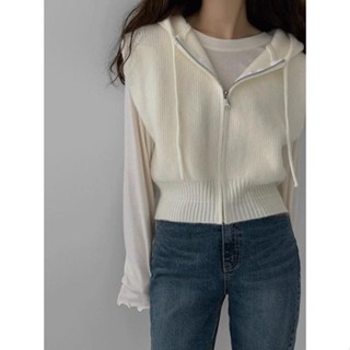 Codibook｜韓國 Qnigirls 連帽短版針織背心開衫外套［預購］針織外套 full-zip-vest 女裝