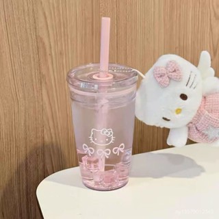 🔥臺灣出貨🔥 新款少女心kitty吸管帶蓋水杯玻璃杯子夏天可愛蝴蝶結簡約高顏值塑膠水杯ins吸管隨手杯子凱蒂貓水杯隨行杯