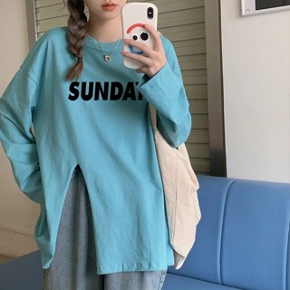 100%純棉設計感網紅衕款開叉長袖T恤女裝秋季寬鬆印花上衣ins潮