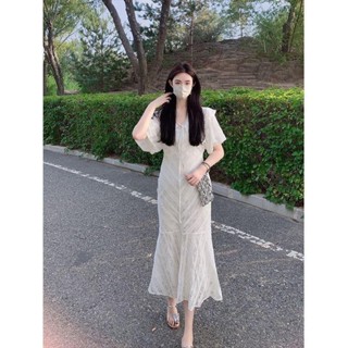 免運💖【1217人收藏】白色魚尾洋裝女夏季高階感氣質別緻驚豔絕美收腰法式蕾絲長裙子