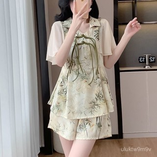 柚子女裝*大碼時尚新款夏季兩件套新中式國風女裝印花上衣短褲套裝一整套潮