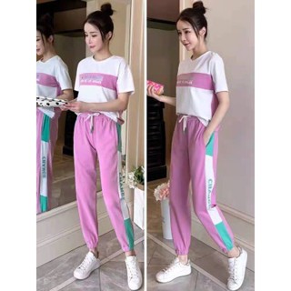【solo】女夏短袖時尚運動休閒套裝女洋氣兩件式套裝(上衣加褲子兩件套)