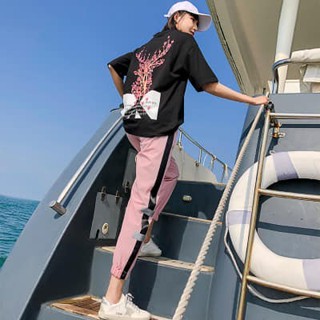 【solo】夏裝新款運動休閒套裝女短袖九分褲寬鬆兩件式套裝(上衣加褲子)