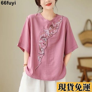🌸限時低價🌸 民族風女裝 複古刺繡上衣 夏裝中國風大碼寬鬆透氣棉麻上衣 新中式女裝上衣 KD4P