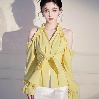 2025春款黃色露肩蝴蝶結襯衫獨特超好看高階小眾不撞款上衣洋氣 長袖襯衫 女生襯衫 休閒襯衫 蝴蝶結襯衫 露肩襯衫