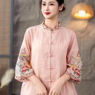 夏季重工刺繡國風襯衫荷葉立領繡花對開衫民族風復古棉麻上衣女